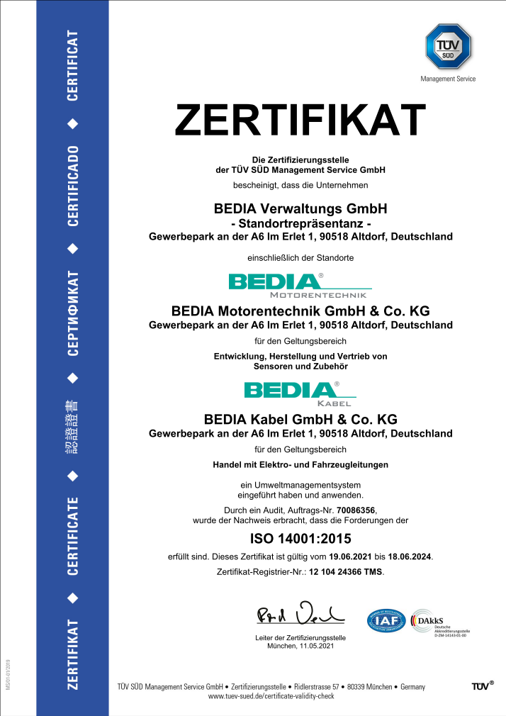 BEDIA ISO 14001 Zertifikat