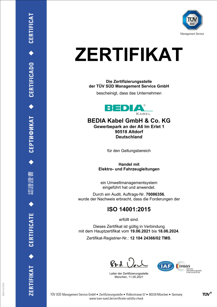 BEDIA Kabel ISO 14001 Zertifikat