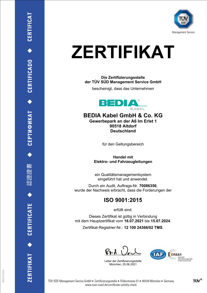 BEDIA Kabel ISO 9001 Zertifikat