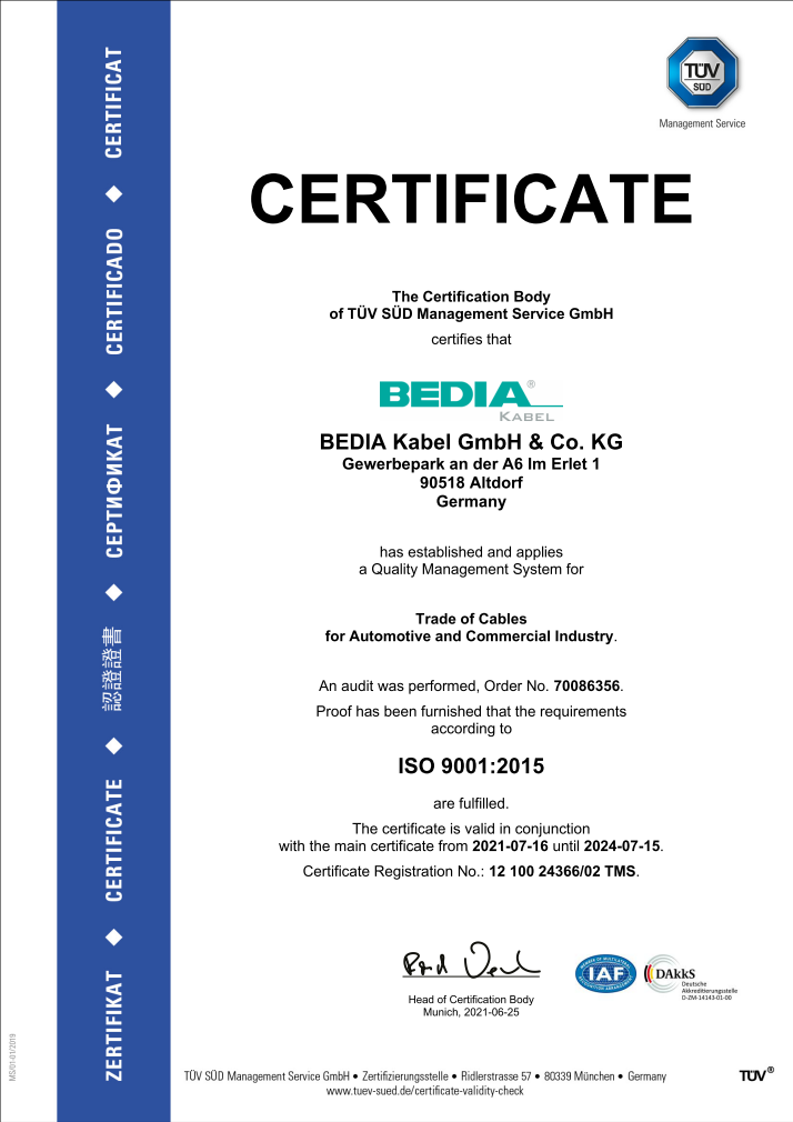 BEDIA Kabel ISO 9001 Certificate